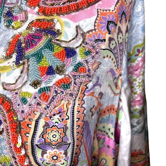 Soft Surroundings Boho Beaded Paisley Floral Tunic Top Blue Pink Womens Small - Picture 6 of 11